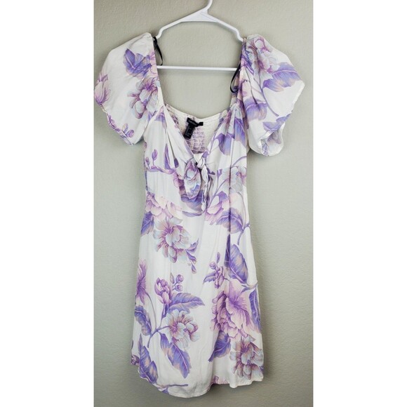 Forever 21 Women's Medium Off-White Purple Floral Dress Tie Front - Picture 1 of 10
